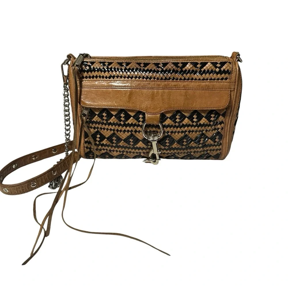 Rebecca Minkoff MAC Woven‎ Leather Crossbody Tan Black Chain Strap Shoulder Bag